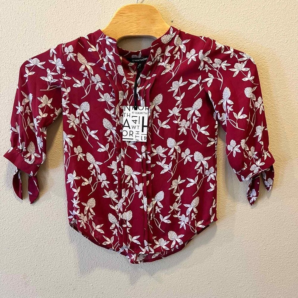 41 Hawthorn Womens Blouse Floral Print Tie Sleeve Top Burgundy‎ XS Petite